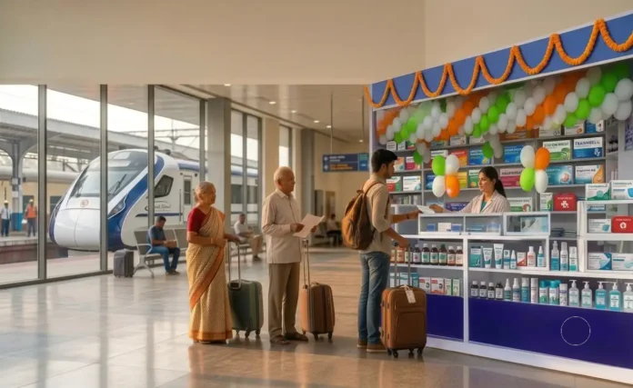 Jan Aushadhi Kendra at a Railway Station Pharmacy counter selling generic medicines at a Jan Aushadhi Kendra in an Indian railway station