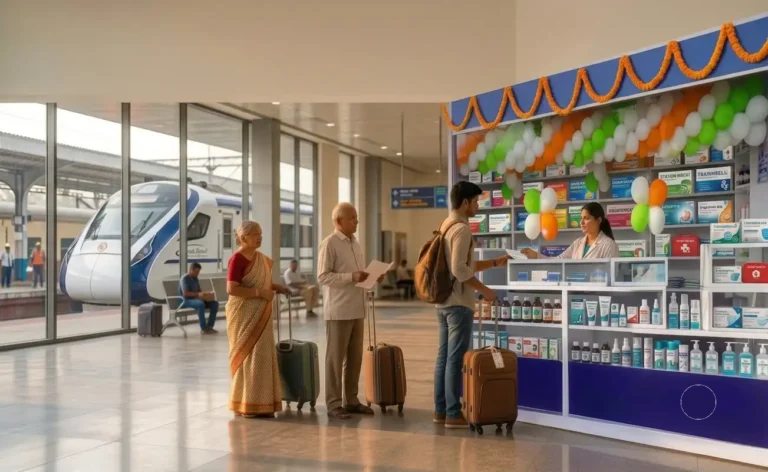 Pharmacy counter selling generic medicines at a Jan Aushadhi Kendra in an Indian railway station