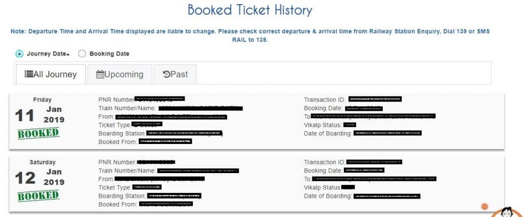 IRCTC Booked Ticket History List page