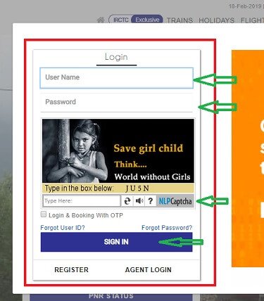 IRCTC Login Pop up page with User Name ,Password and Captcha