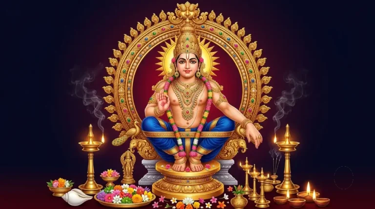Swami Ayyappan image for Sabarimala travel guide covering nearest railway station Chengannur, Kochi airport, and road routes