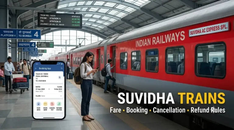 Suvidha special train at an Indian railway station ready for boarding