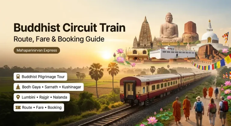 Buddhist Circuit Train Mahaparinirvan Express passing famous Buddhist pilgrimage sites including Bodh Gaya, Sarnath, Kushinagar and Lumbini