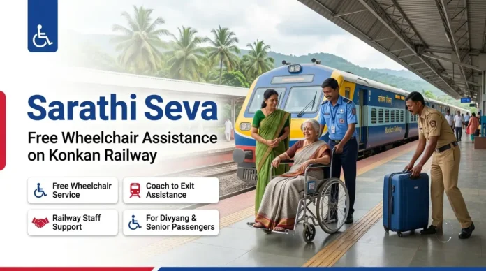Sarathi Seva – Free Wheelchair Assistance on Konkan Railway Sarathi Seva free wheelchair assistance on Konkan Railway helping a senior passenger board a train with railway staff support