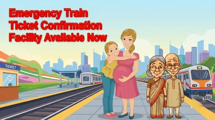 Emergency Train Ticket Confirmation Facility Illustration of a pregnant woman, child, and senior citizens at a train station for emergency train ticket confirmation facility