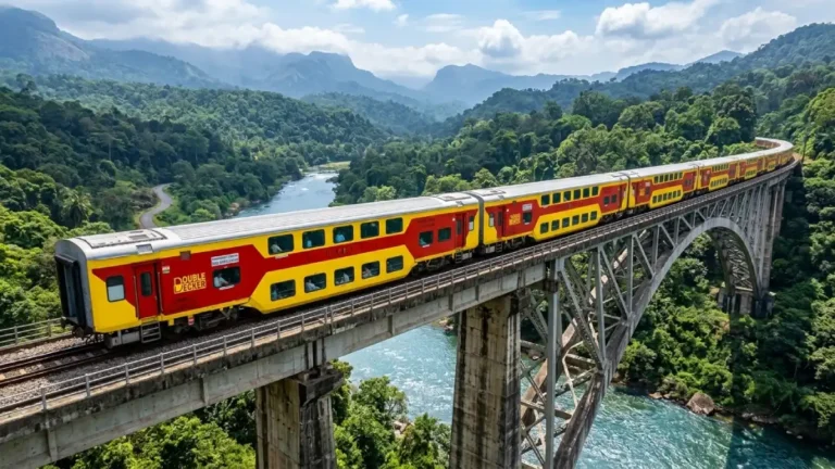 Indian Railways red and yellow AC Double Decker Express train crossing a tall concrete viaduct over a river amidst lush green hills.