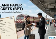 Blank Paper Tickets (BPT) in Indian Railway: Rules and Uses A Ticket Examiner issuing a handwritten Blank Paper Ticket (BPT) to a passenger on an Indian train platform, with BPT rule icons and an express train in the background.