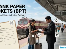 Blank Paper Tickets (BPT) in Indian Railway: Rules and Uses A Ticket Examiner issuing a handwritten Blank Paper Ticket (BPT) to a passenger on an Indian train platform, with BPT rule icons and an express train in the background.