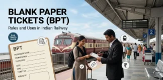 Blank Paper Tickets (BPT) in Indian Railway: Rules and Uses A Ticket Examiner issuing a handwritten Blank Paper Ticket (BPT) to a passenger on an Indian train platform, with BPT rule icons and an express train in the background.
