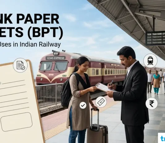Blank Paper Tickets (BPT) in Indian Railway: Rules and Uses A Ticket Examiner issuing a handwritten Blank Paper Ticket (BPT) to a passenger on an Indian train platform, with BPT rule icons and an express train in the background.