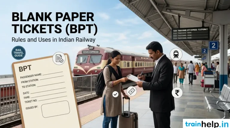A Ticket Examiner issuing a handwritten Blank Paper Ticket (BPT) to a passenger on an Indian train platform, with BPT rule icons and an express train in the background.