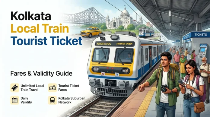 Kolkata Local Train Tourist Ticket – Fares and Validity Guide Kolkata Local Train Tourist Ticket with suburban EMU train, travelers and Kolkata landmarks showing fare and validity guide