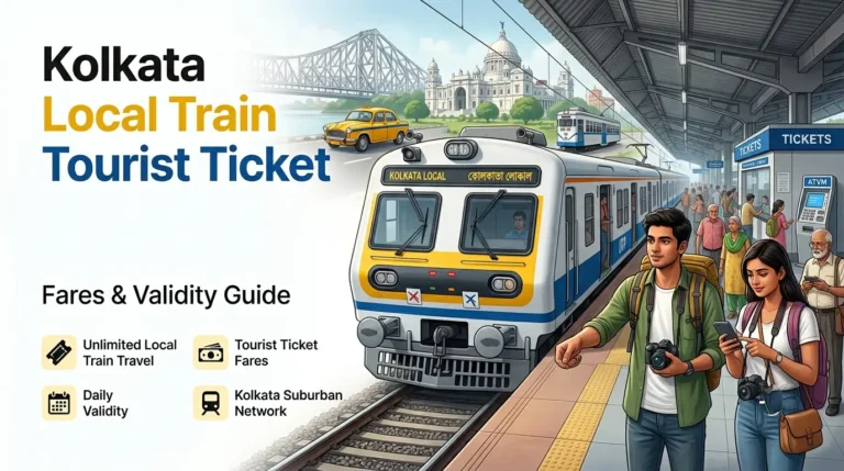 Kolkata Local Train Tourist Ticket with suburban EMU train, travelers and Kolkata landmarks showing fare and validity guide