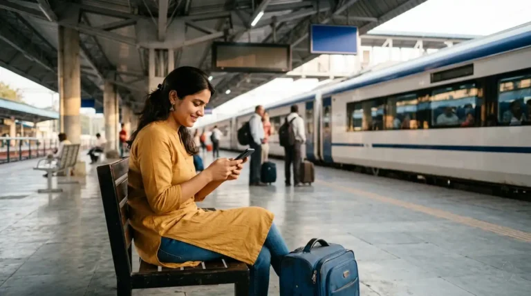 Passenger connecting to free Wi-Fi on a phone at an Indian railway station platform