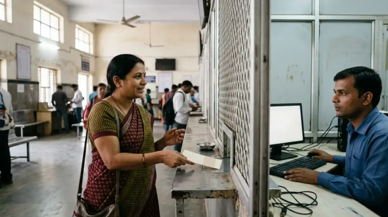 Changing a train ticket date at an Indian railway reservation counter