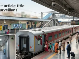 CCTV in Indian Railways 2026: Station and Coach Coverage CCTV cameras installed at an Indian railway station and inside a passenger coach for enhanced passenger safety
