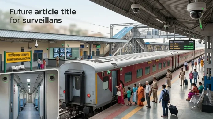 CCTV in Indian Railways - Station and Coach Coverage CCTV cameras installed at an Indian railway station and inside a passenger coach for enhanced passenger safety