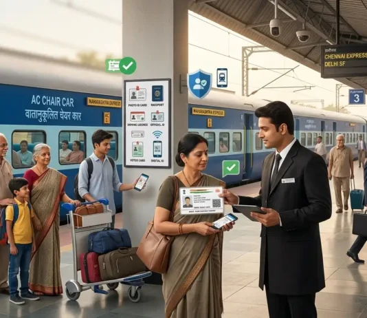 Railway ID Proof List : Valid Documents for Train Travel TTE verifying a passenger's identity document before train travel at an Indian railway station