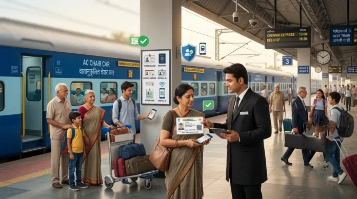 TTE verifying a passenger's identity document before train travel at an Indian railway station