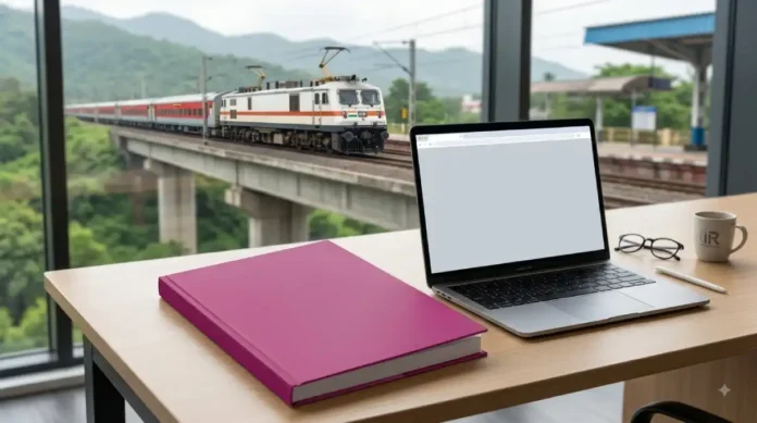 The Pink Book, Indian Railways annual works and budget programme, on a desk beside a laptop The Pink Book, Indian Railways annual works and budget programme, on a desk beside a laptop