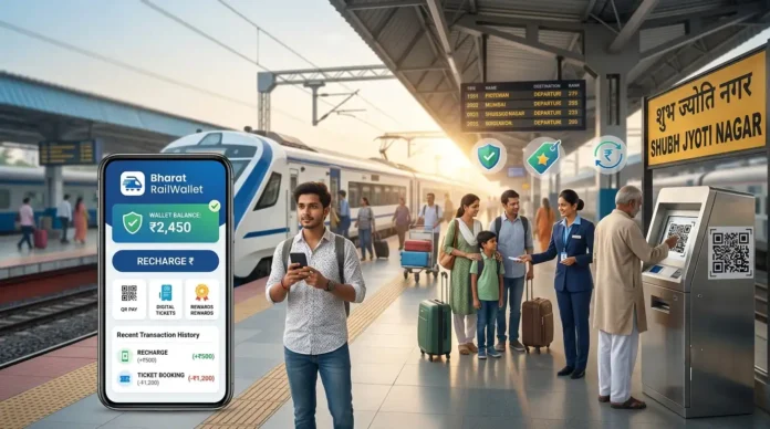 R-Wallet Railway Wallet Discount Recharge Limits and RailOne Passenger using a digital railway wallet on a smartphone for ticket booking and recharge at an Indian railway station