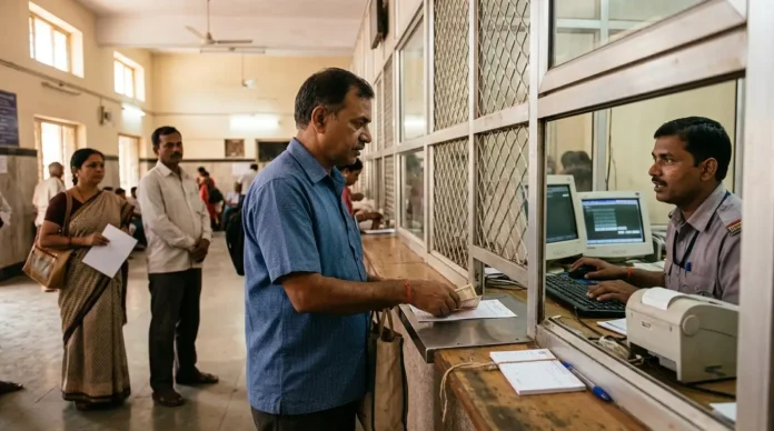 Railway Reservation Counter Booking Passengers booking train tickets at an Indian Railways reservation counter