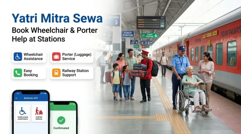 Yatri Mitra Sewa at an Indian railway station providing wheelchair assistance and porter service to passengers with luggage