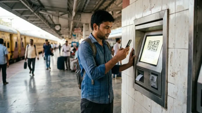 Scanning QR Code at Indian Railway Ticket Machine A passenger at an Indian railway station scanning an abstract QR code on a wall-mounted ticket vending machine using a smartphone.