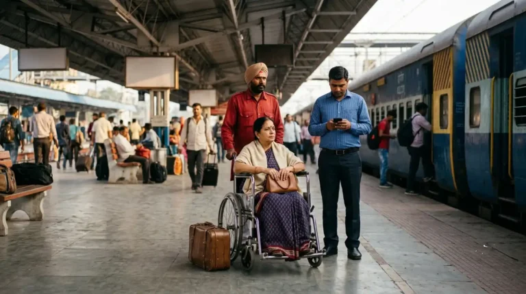 A photorealistic shot of an elderly woman in a saree sitting in a wheelchair on an Indian railway station platform, accompanied by a porter and a family member checking his phone.