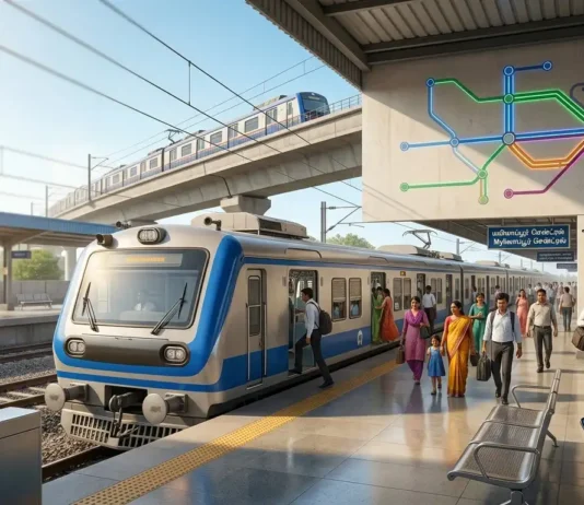 Chennai Local Trains 2026: Routes, MRTS, Fares and Updates Chennai suburban local train and elevated MRTS line with commuters at a modern railway station