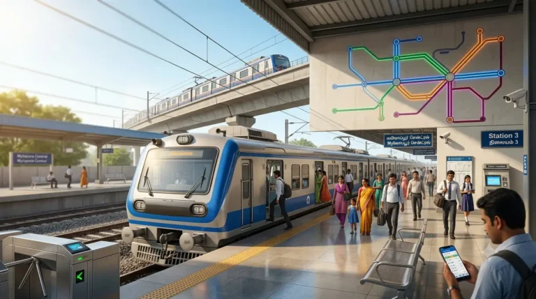 Chennai suburban local train and elevated MRTS line with commuters at a modern railway station