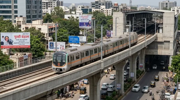 Pune Metro Rail Train Pune Metro Rail Train moving on bridge