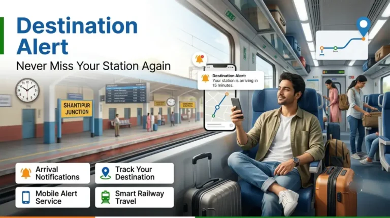 Railway passenger receiving a destination alert notification on a smartphone before arriving at the destination station