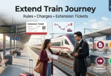 Extend Train Journey 2026: Rules, Charges and Extension Tickets Passenger speaking with a ticket examiner on a railway platform to extend a train journey beyond the original destination, with route extension graphics and rules icons.
