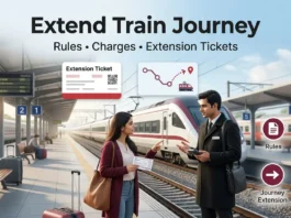 Extend Train Journey 2026: Rules, Charges and Extension Tickets Passenger speaking with a ticket examiner on a railway platform to extend a train journey beyond the original destination, with route extension graphics and rules icons.