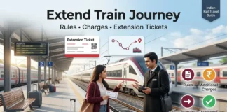 Extend Train Journey 2026: Rules, Charges and Extension Tickets Passenger speaking with a ticket examiner on a railway platform to extend a train journey beyond the original destination, with route extension graphics and rules icons.