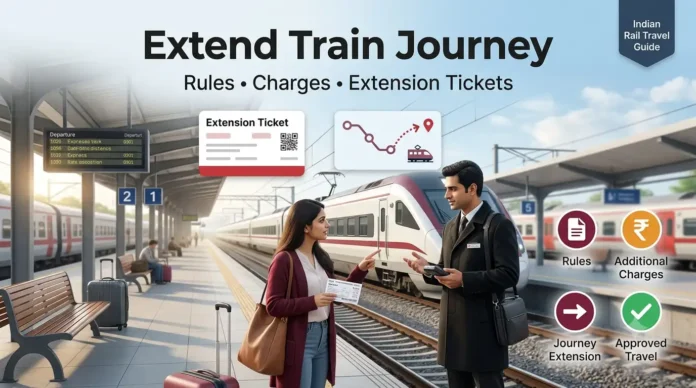 Guide to Extending Your Train Journey: Rules, Charges, and Tickets Passenger speaking with a ticket examiner on a railway platform to extend a train journey beyond the original destination, with route extension graphics and rules icons.