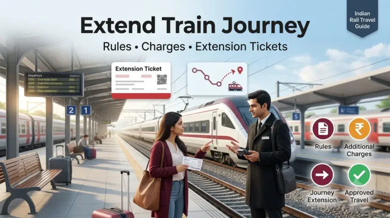Passenger speaking with a ticket examiner on a railway platform to extend a train journey beyond the original destination, with route extension graphics and rules icons.