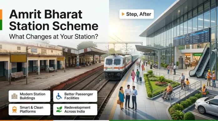 Amrit Bharat Station Scheme β What Changes at Your Station? Amrit Bharat Station Scheme showing before and after redevelopment of an Indian railway station with modern passenger facilities