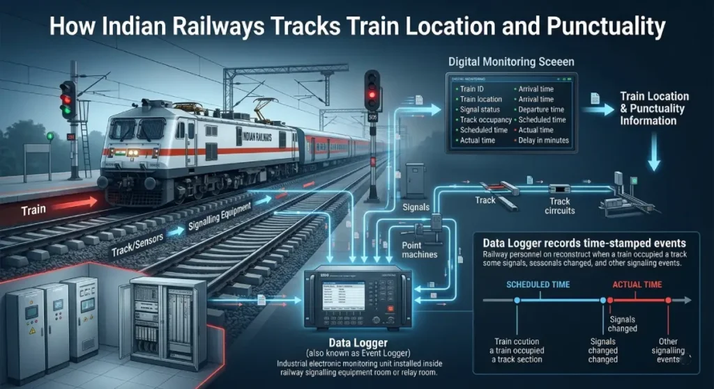 Technical infographic explaining how Indian Railways Data Loggers track train location, signal changes, and punctuality timing.