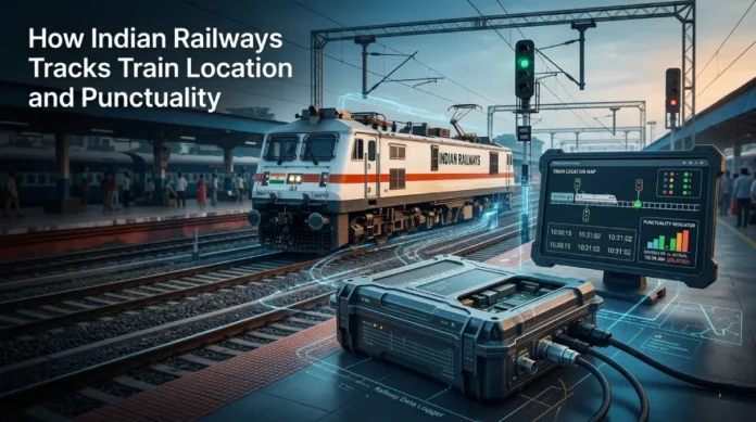 Real-Time Train Tracking & Data Logger System - Indian Railways A modern Indian electric train at a station with a rugged railway Data Logger unit and live location monitoring screen in the foreground.
