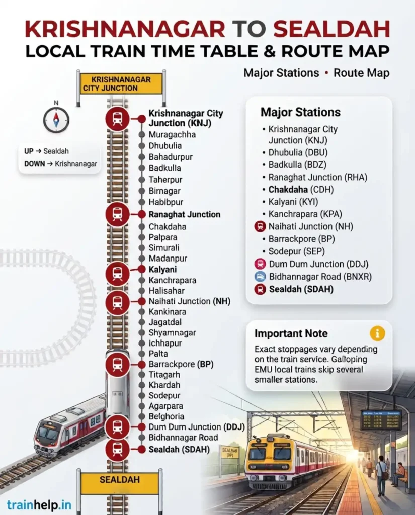 Krishnanagar to Sealdah train route map showing all stations from Krishnanagar City Junction to Sealdah via Ranaghat, Naihati and Dum Dum
