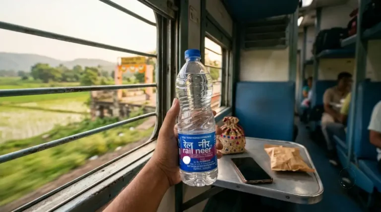 Packaged drinking water bottle on an Indian train, sold as Rail Neer by IRCTC